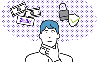 An animated graphic of a man thinking about using Zelle