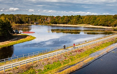 Bikers riding a path overlooking the water