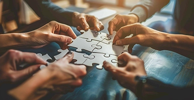 Six people putting a puzzle together