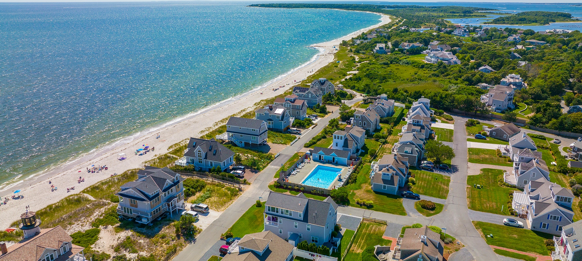 Birds eye view of houses on the coast