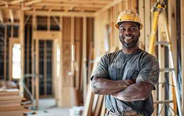 A construction worker smiling in front of a project