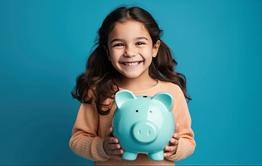 A little girl holding a blue piggy bank