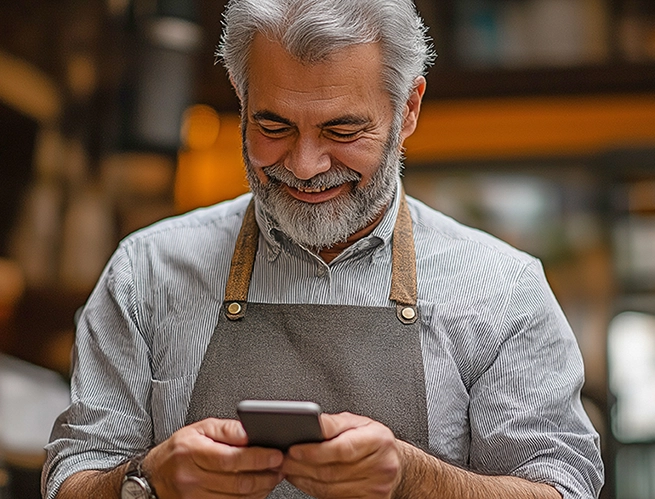 A man wearing an apron looking at his phone