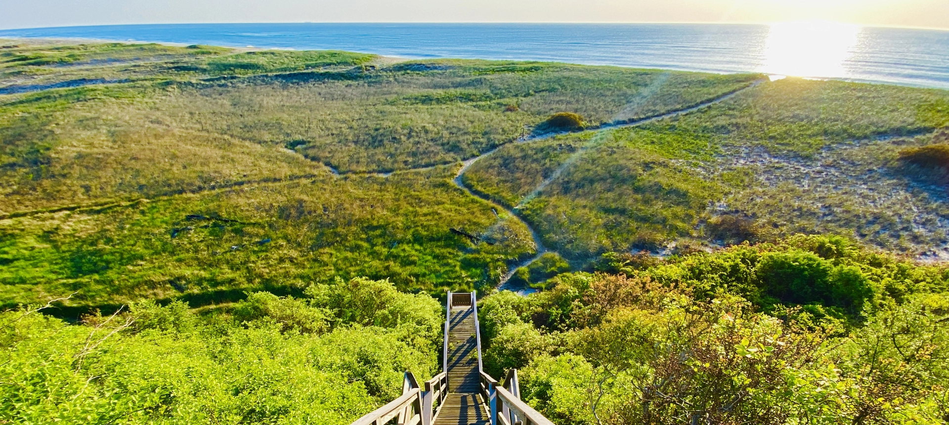 Stairway to Heaven - looking down stairs leading to marsh with ocean in the distance