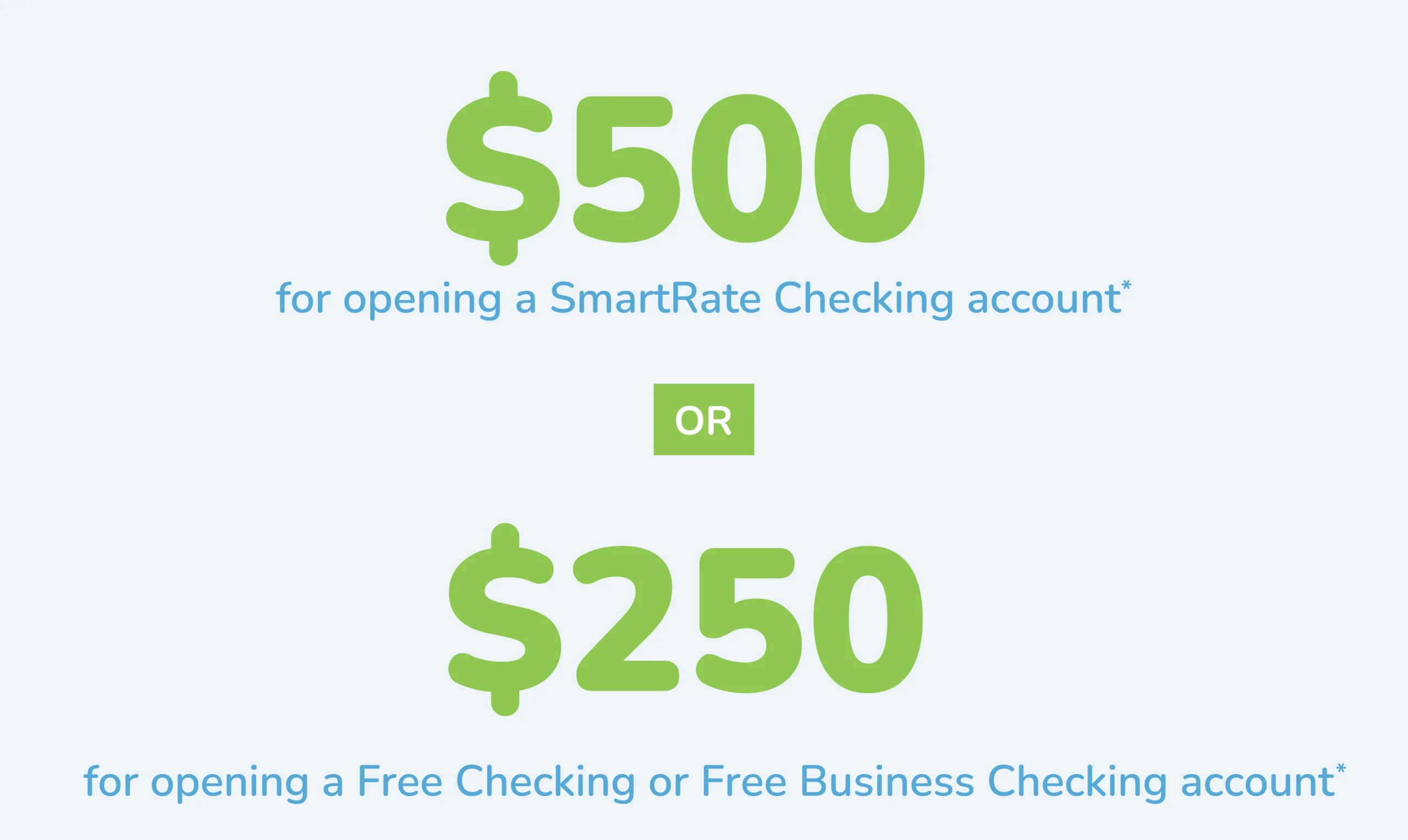 Receive $500 for opening a SmartRate checking account* or receive $250 for opening a Free Checking or Free Business Checking account*